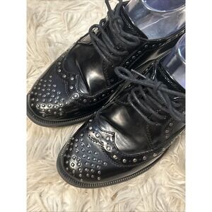 Sophie17 Black Patent Leather Silver Studded Brogues Women's 6 Dress Oxfords